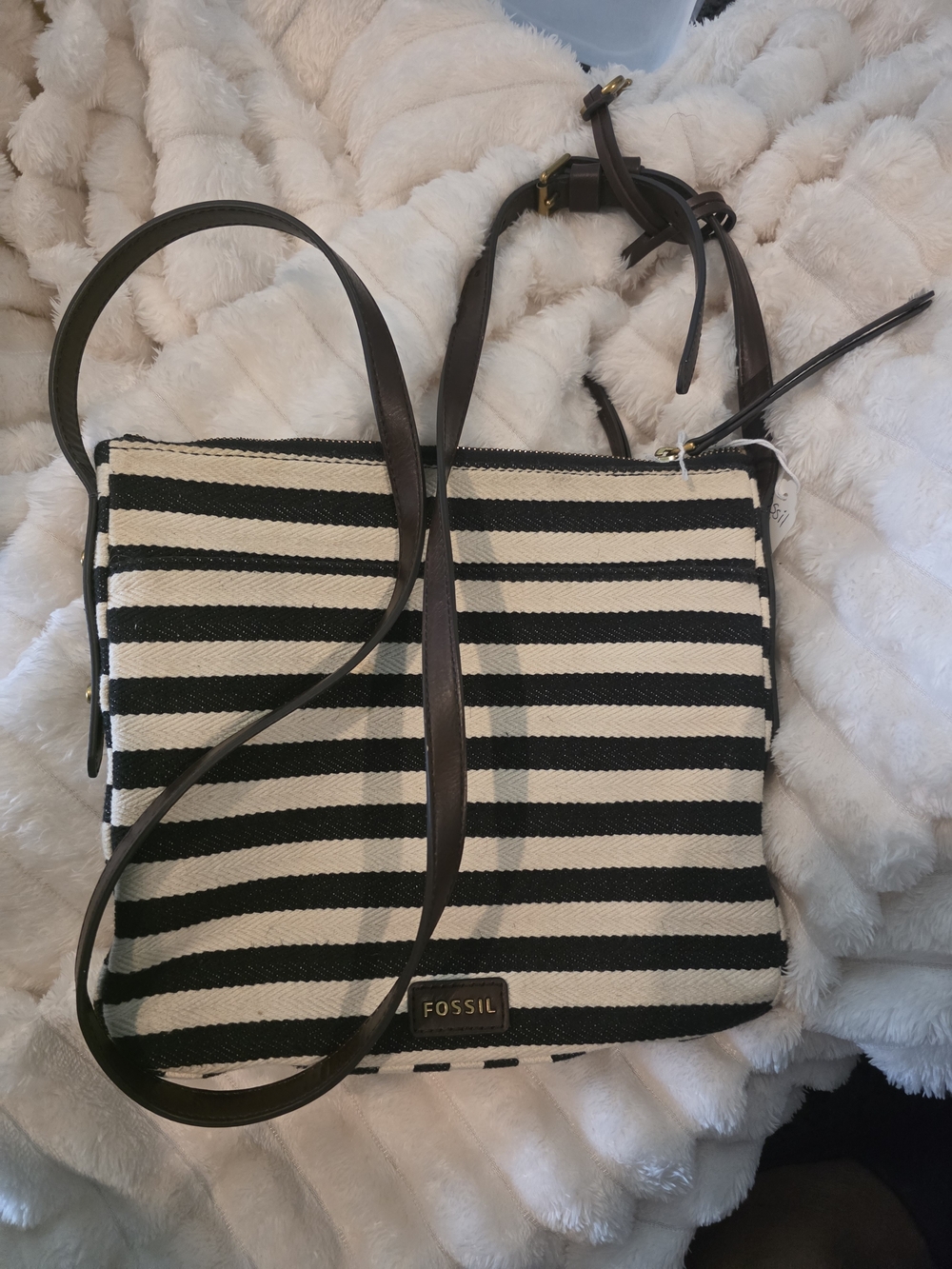 Fossil Black and White Striped Crossbody with Brown Leather Strap